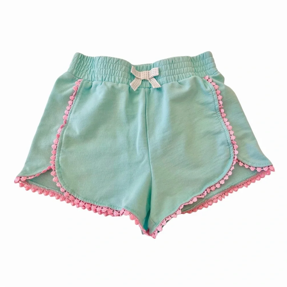 Girls Pom Trim Elastic Waist Shorts Bundle - Bright Yellow & Aqua Blue | S (5/6)